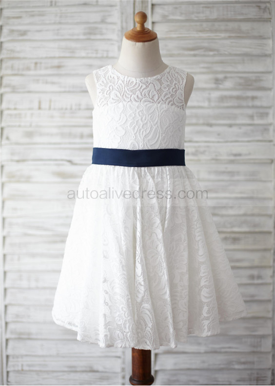 Ivory Lace Navy Blue Bow Heart Hole Back Flower Girl Dress 